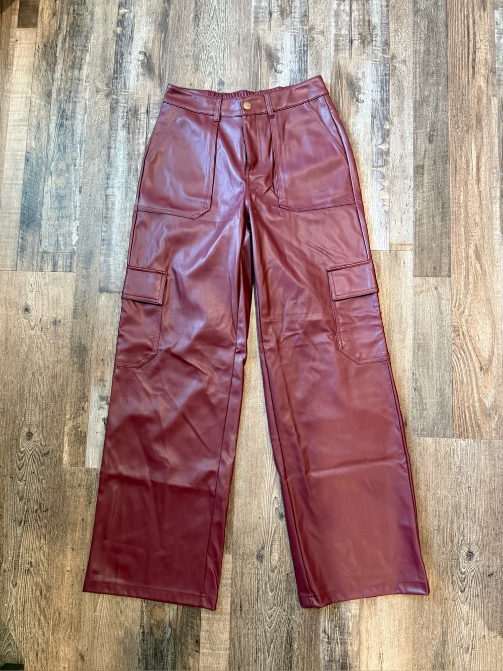 Pleather Wide Leg Cargo Pant - Maroon
